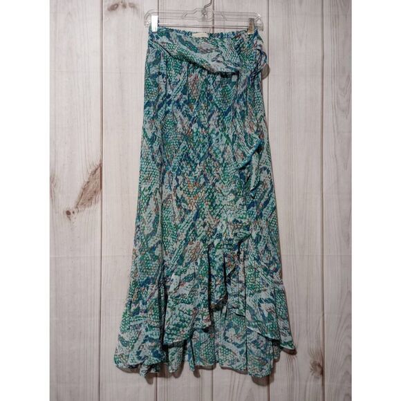 Ramy Brook Skirt Ladies Small Maxi Wrap Sheer Pull On Waist Ruffle Blue Snake Pr - Picture 1 of 9
